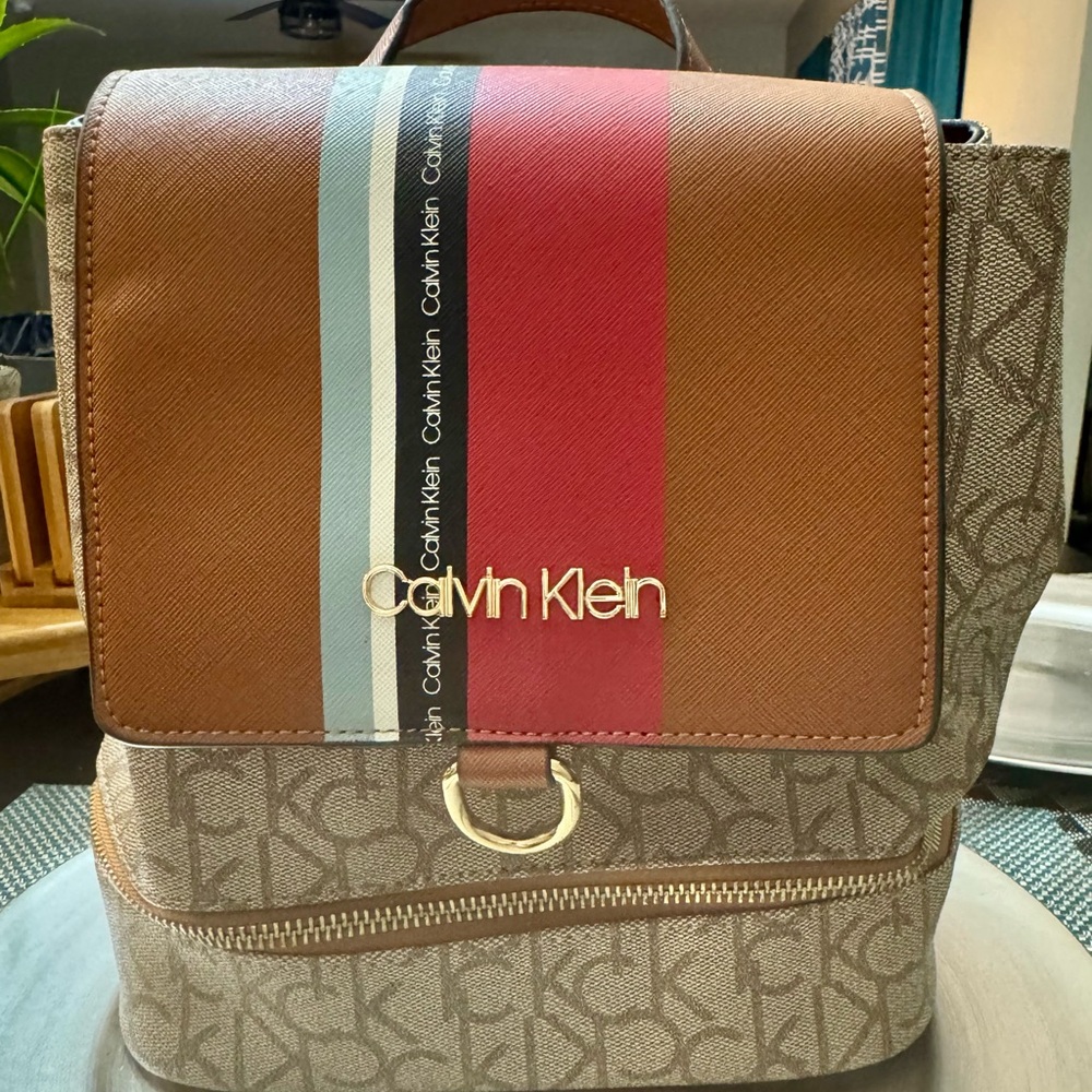 Calvin Klein Tan and Brown Backpack with Monogram Design